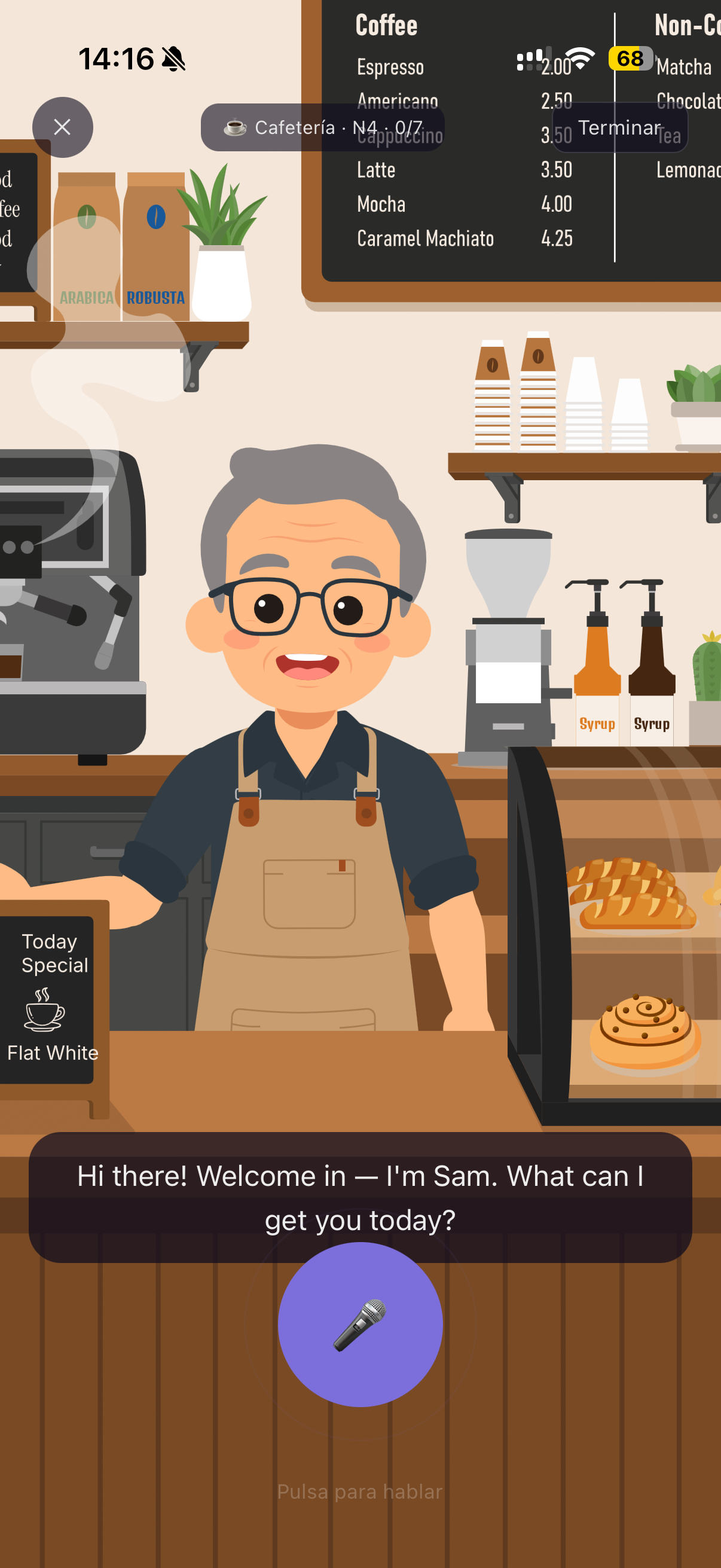 Trainer IA - conversación en la cafetería con Sam